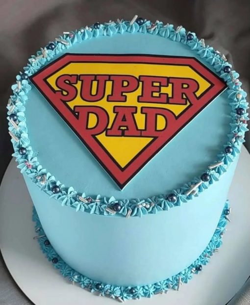 Super Dad Theme Designer Cake with superhero decorations and personalized message